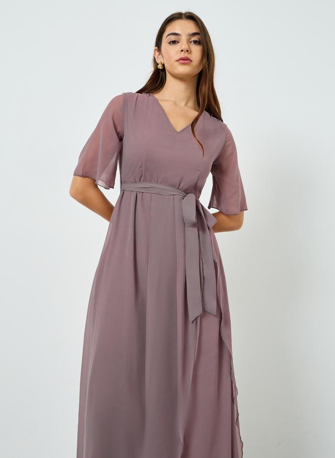 Styli Women V Neck Maxi Dress with Tie-Belt - Image 1
